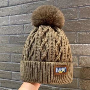 Men's Cable Knit Pom Beanie Hat in Brown - Patch